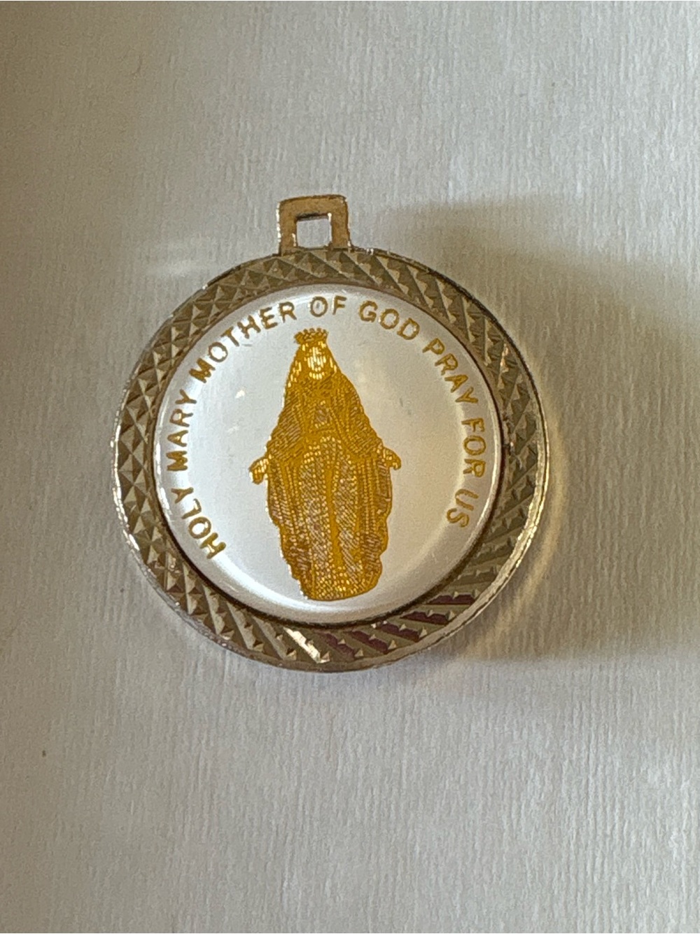 Gold Tone Virgin Mary Religious Medal Pendant - White & Gold